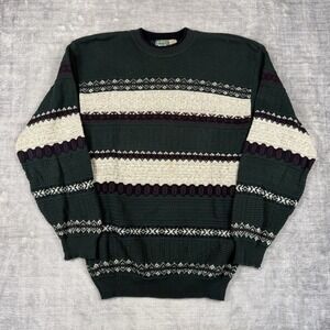 TT & CO Sport Sweater Mens Large Green Vintage 90s Geometric Stripped Knit